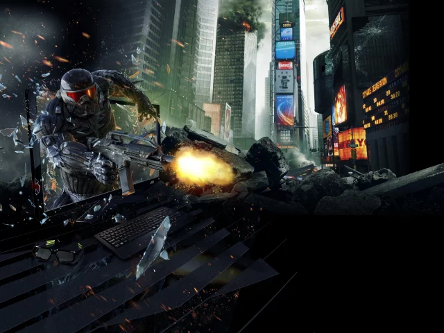 кризис, монитор, очки 3d, crysis 2, нью йорк, город