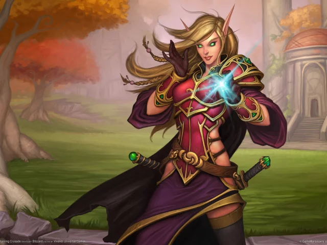 меч, эльфийка, the burning crusade, деревья, уши, беседка, эльф, оружие, магия, world of warcraft, пейзаж