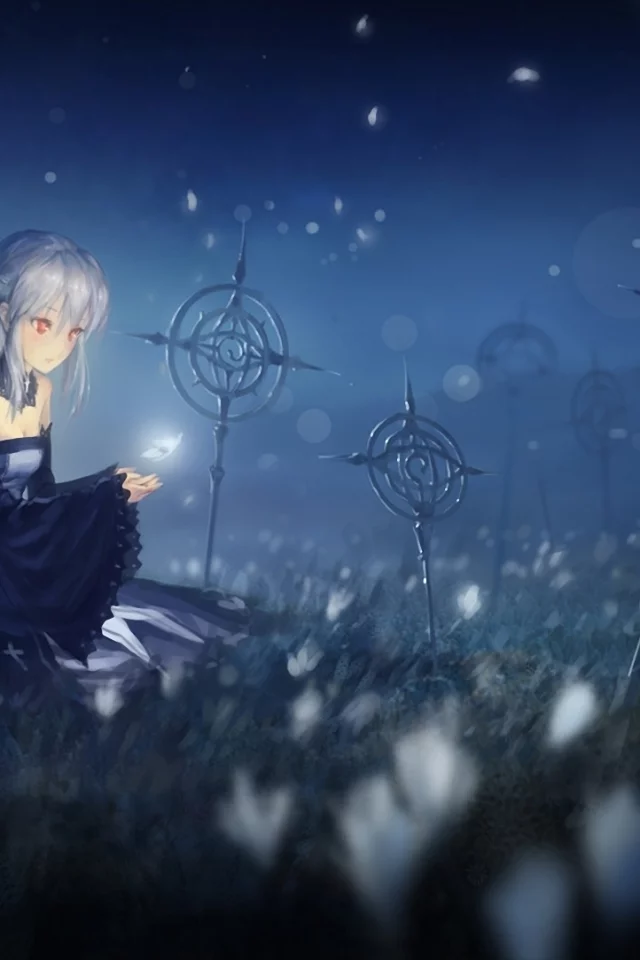 арт, поляна, сидит, девушка, pixiv fantasia, лепестки, ночь, hjl