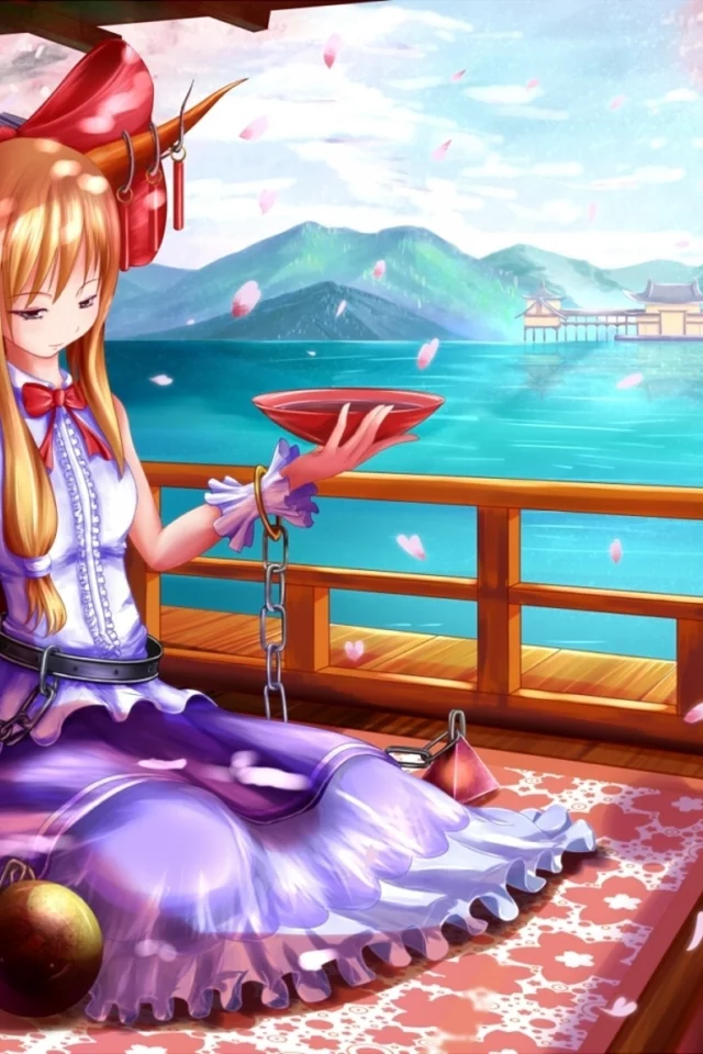 бант, цепи, перила, ibuki suika, пиала, девушка, touhou, пленница, рога, пруд, сакура