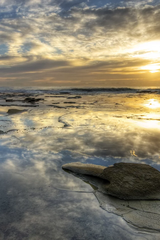 закат, берег, камни, море, вода