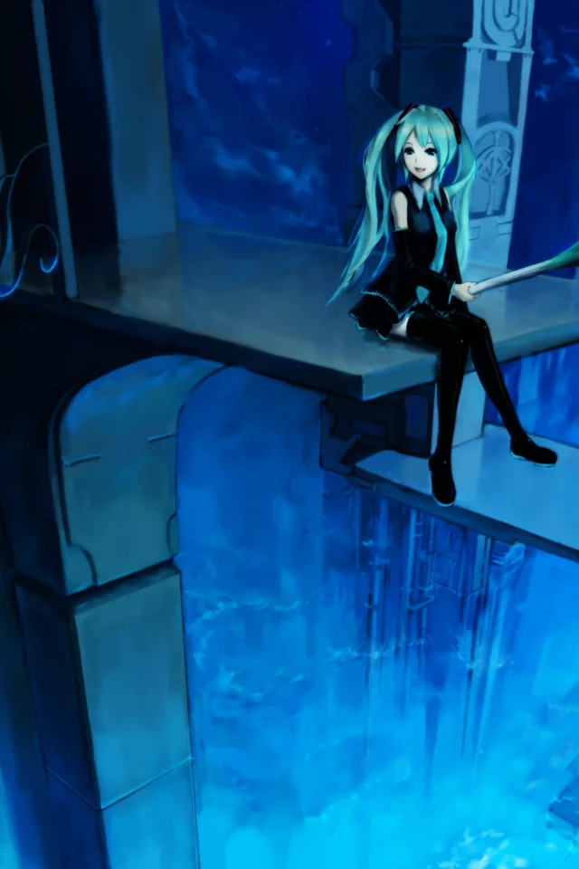 удочка, hatsune miku, улыбка, vocaloid, лестница, высота, девушка