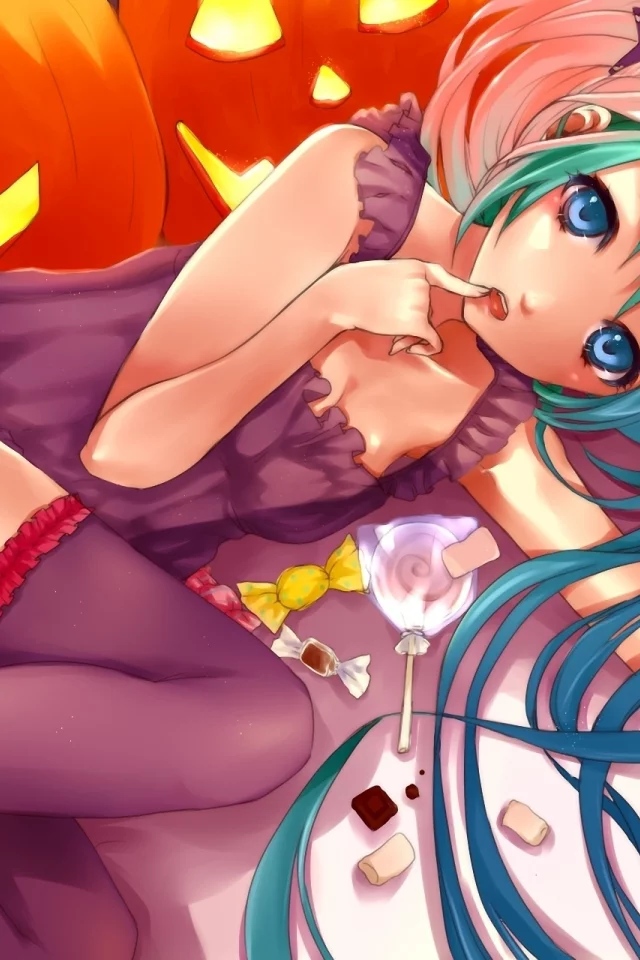 halloween, подушки, чулки, тыквы, vocaloid, конфеты, девушка, лежит, hatsune miku
