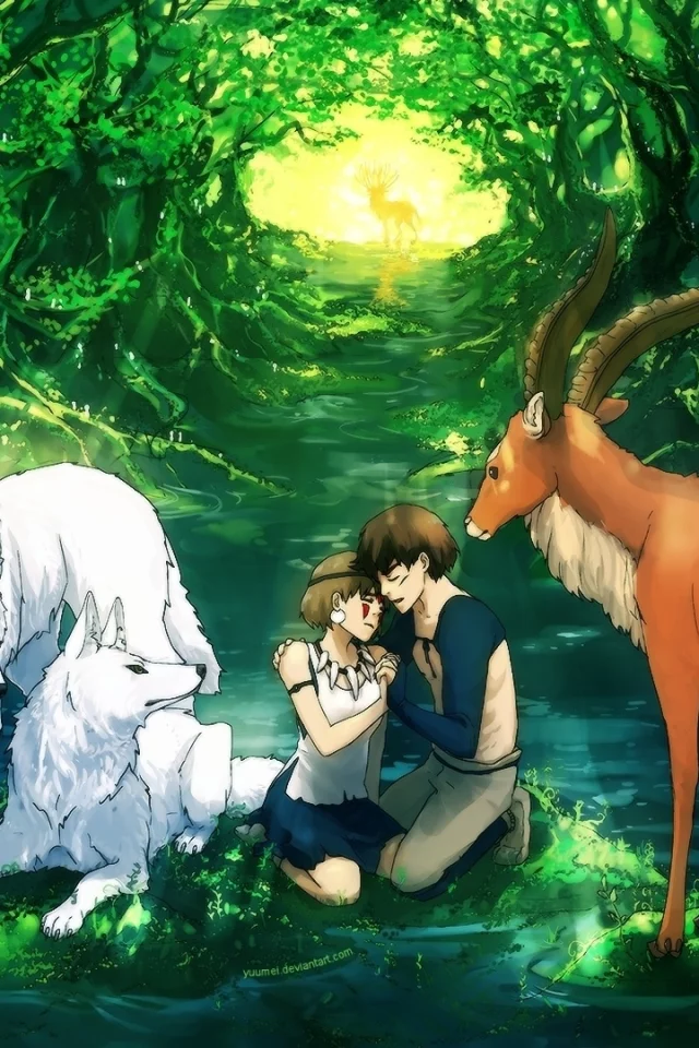 арт, mononoke hime, ashitaka, yuumei, островок, вода, лес, принцесса мононоке, san, парень, девушка, пруд, волки, олень
