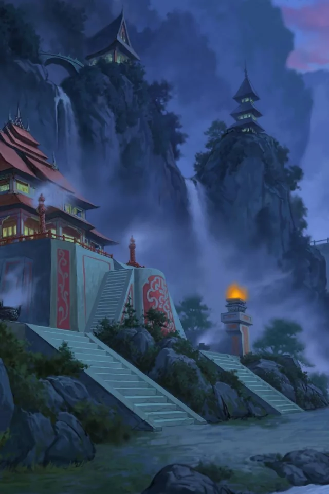 jade dynasty, туман, город, вечер, лестница, мост, горы