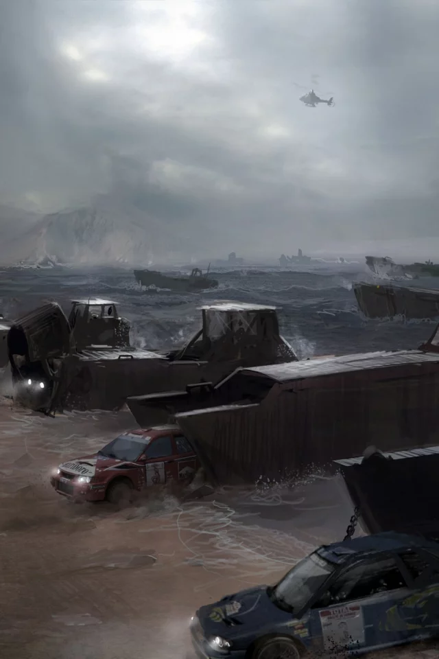 машины, авианосец, вертолет, побережье, море, apocalypse, motorstorm