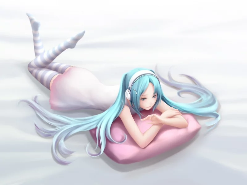 девушка, лежит, наушники, vocaloid, подушка, hatsune miku
