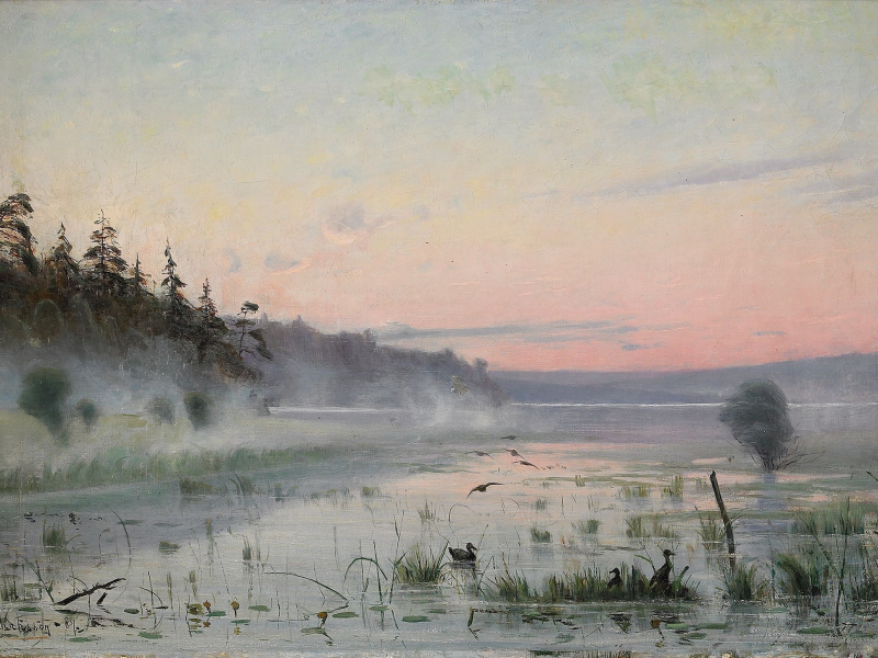 утренняя дымка над озером, картина, масло, carl johansson, карл юханссон, пейзаж