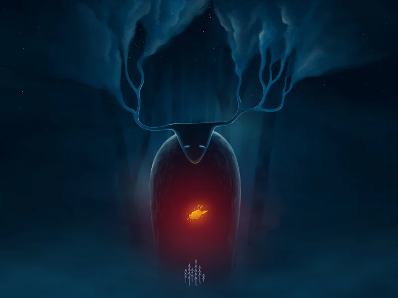 лес, птица, ночь, звезды, фантазия, дух, арт