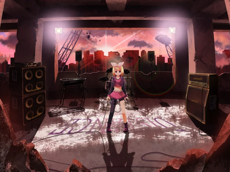 музыкальные инструменты, микрофон, арт, солнце, kagamine rin, руины, vocaloid, девушка, город, yuse, динамики