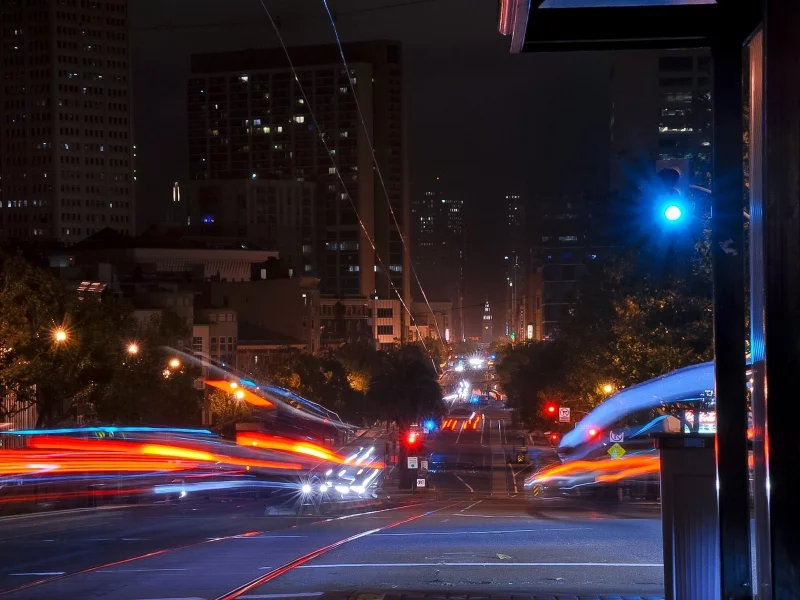 огни, san francisco, traffic trails, night, калифорния, ночь, california, usa, market at guerrero street