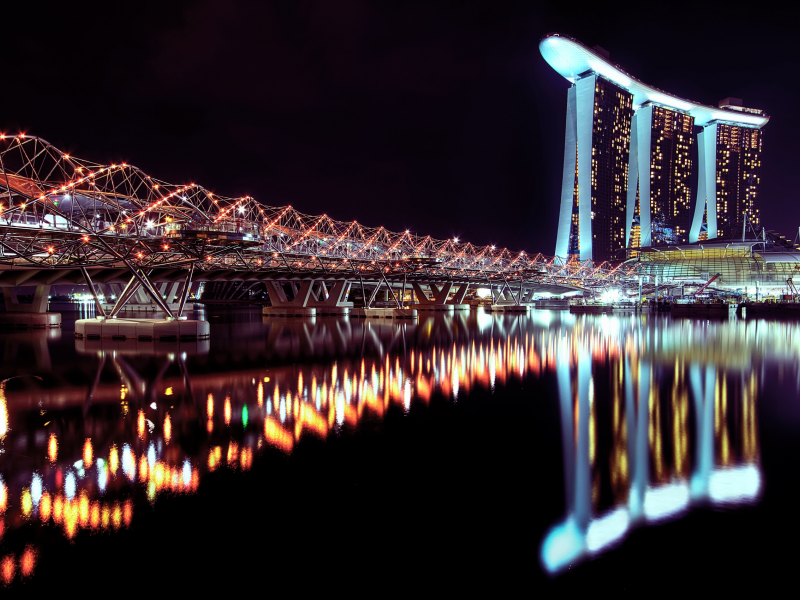сингапур, город, отель, ночь, отражение, вода, огни