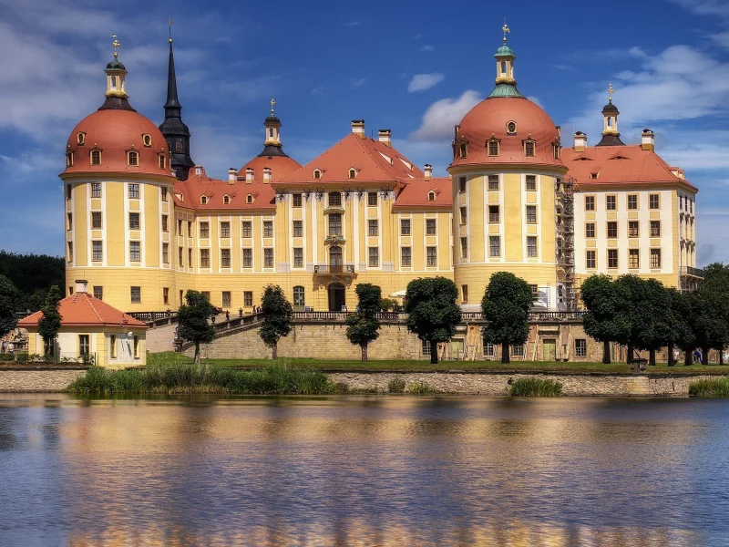 саксония, шпили, germany, castle, германия, замок морицбург, вода, деревья, замок