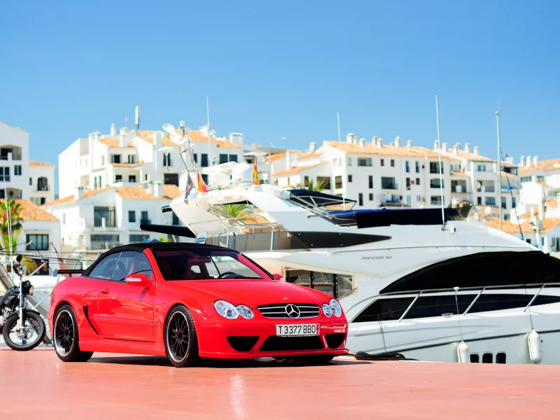 кабриолет, красный, причал, мерседес, mercedes, марбелла, яхты, испания, mercedes-benz clk dtm amg cabriolet