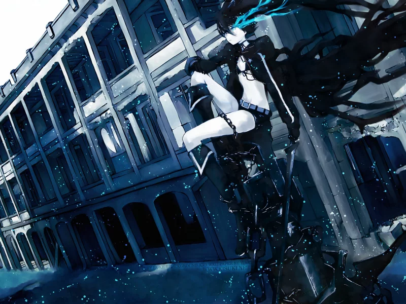 black rock shooter, город, цепи, стрелок с чёрной скалы, аниме, снег, синобу ёсиока, мато курои
