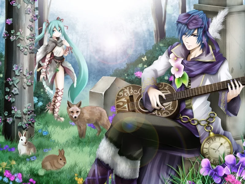 kaito, животные, зайцы, часы, сад, vocaloid, лиса, гитара, hatsune miku, колонны, цветы