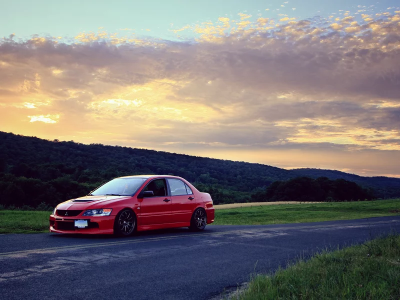 небо, mitsubishi, evolution, дорога, красная