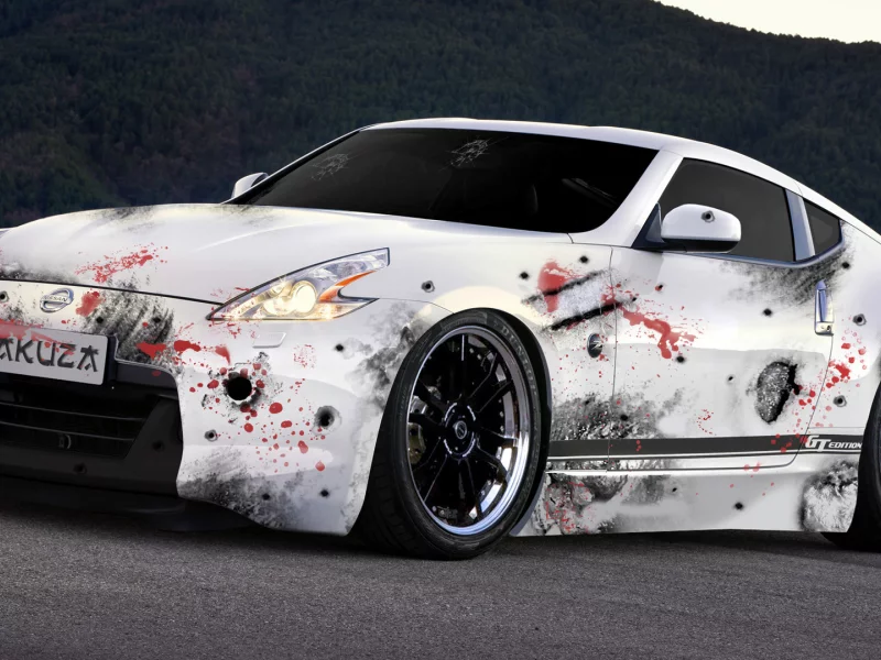 царапины, потрепанный, nissan, якудза, 370z, пули, кровь