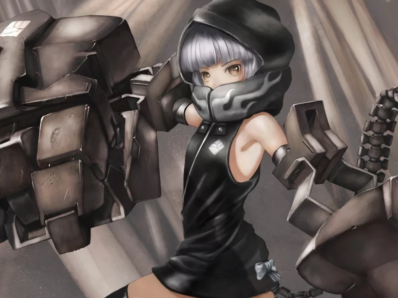 black rock shooter, yuu, металл, хвост, оружие, руки, девочка, капюшон