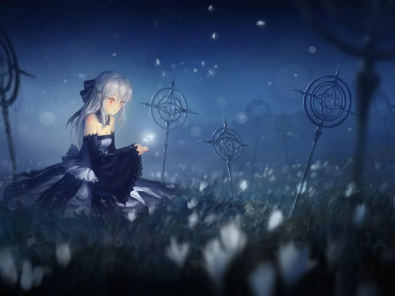 арт, поляна, сидит, девушка, pixiv fantasia, лепестки, ночь, hjl