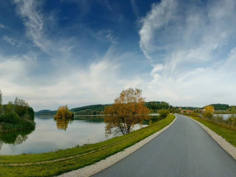 лес, пейзаж, небо, дорога, осень, река, природа, деревья