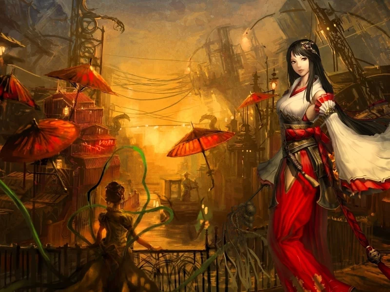 лодка, atlantica online, зонтики, платье, лента, город, девушки
