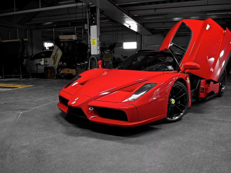 передняя часть, феррари, red, ferrari, красный, открытая дверь, энзо, мастерская, бокс, enzo