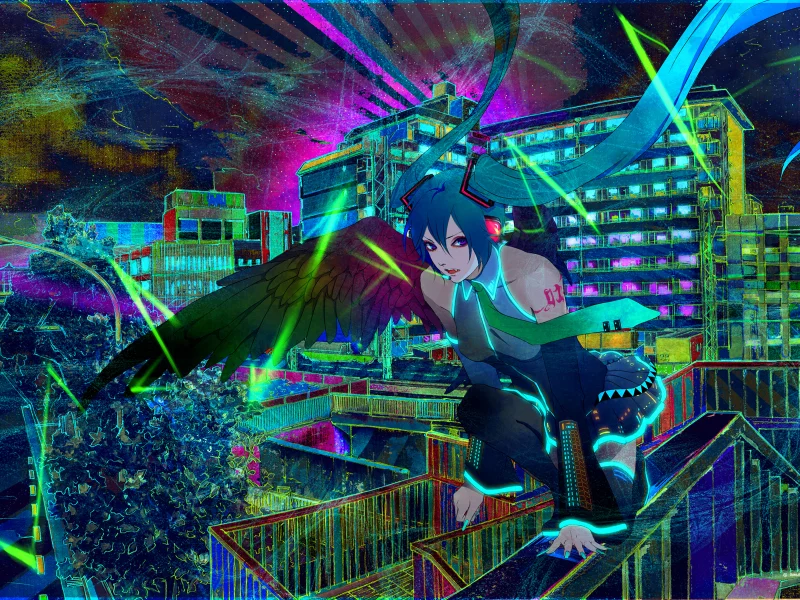 vocaloid, блеск, вокалоид, город, abstract, краски, фонари, ночь, hatsune miku, арт