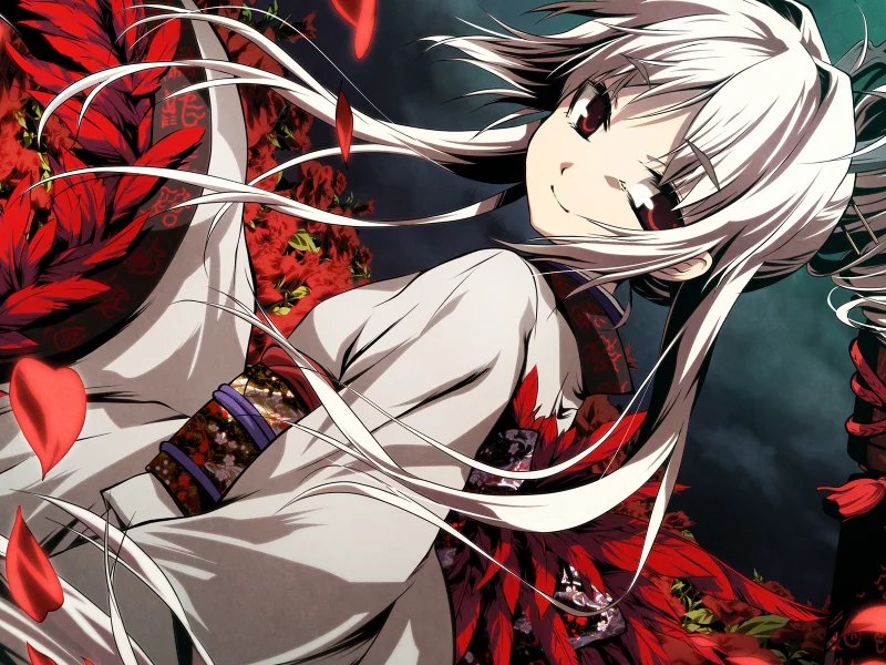 цветы, шнур, кимоно, g yuusuke, девушка, kajiri kamui kagura, столб, game, перья