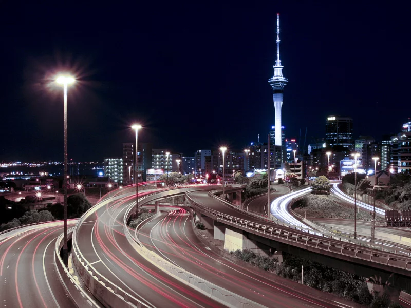 new zealand, motorway, auckland, sky tower, огни, новая зеландия, окленд, оклендская башня, night, дорога, ночь