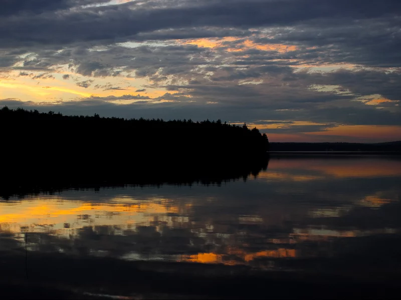 вечер, зеркало, закат, лес, озеро