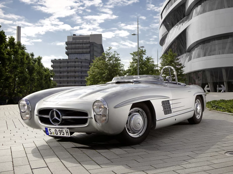 mercedes-benz, небо, 300sls, слс, суперкар, серебристый, 1957, город, мерседес, деревья, ретро, красивая машина, сдания