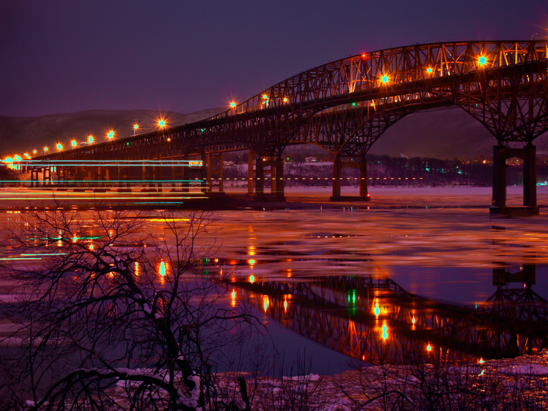 огни, мост, город, река, ночь