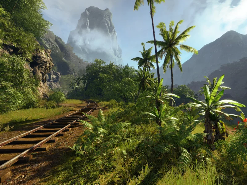 crysis, тропики, железная дорога, солнце, поворот, пальмы