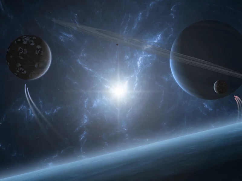 свет, спутники, spaceships, поверхность, кольца, звезды, планеты