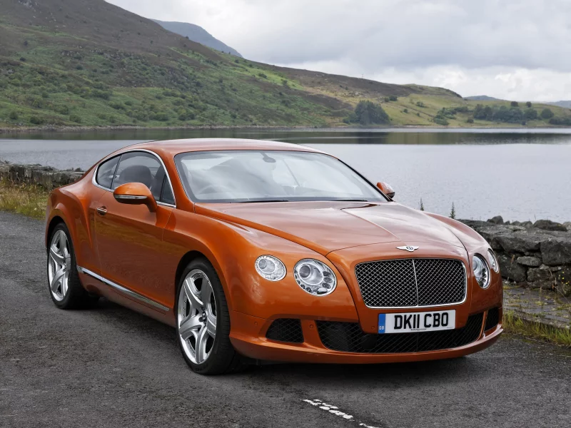 gt, bentley, горы, озеро, купе, бентли, continental, оранжевый,, гт, континенталь, передок