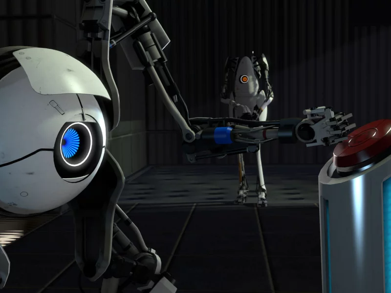 робот, кнопка, нажимает, portal 2
