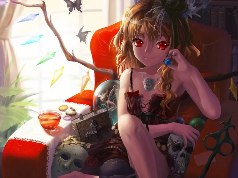 девушка, крылья, фея, крест, кресло, кристаллы, flandre scarlet, комната, череп, бабочки, touhou, книга, маска, шарик, красные глаза, банка