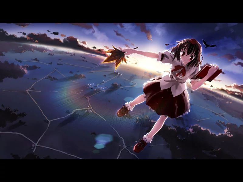 книга, touhou, летит, лист, девушка