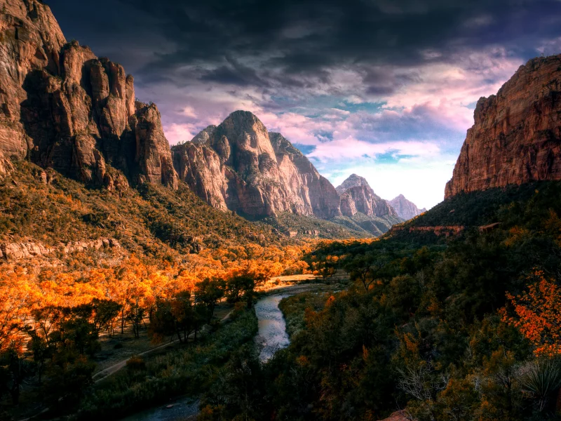 осень, долина, горы, река