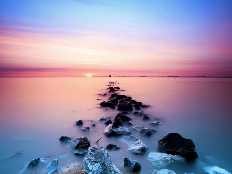камни, закат, дорожка, небо, море
