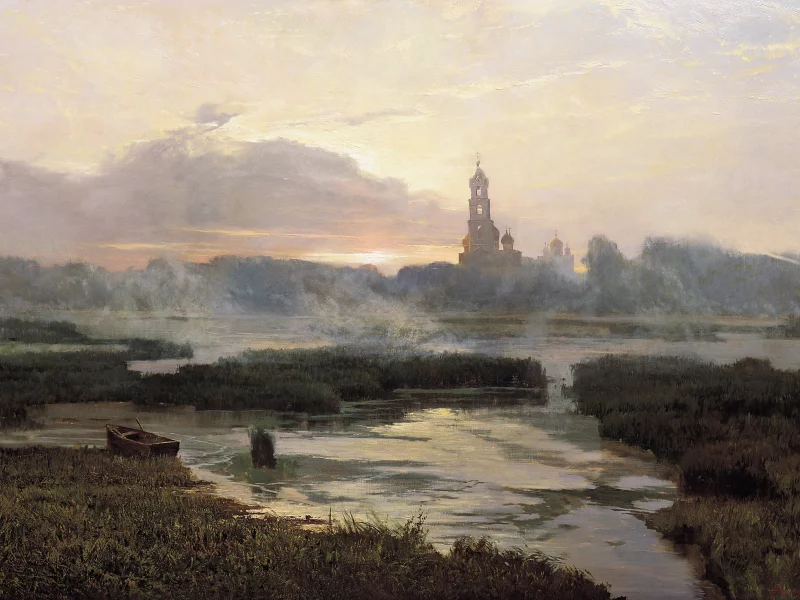 картина, закат, лодка, церковь, река