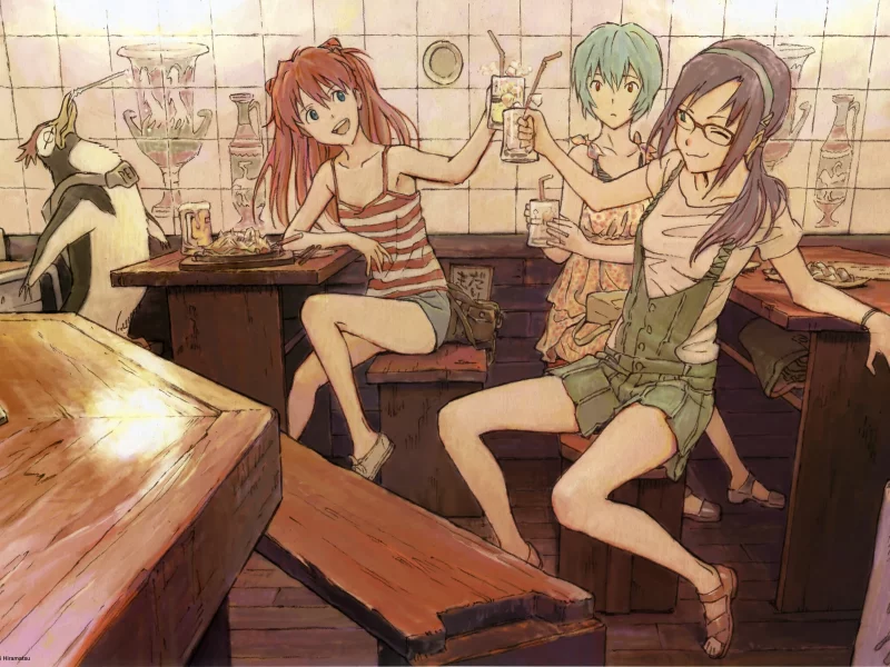 ayanami rei, misato katsuragi, аска лэнгли сорью, asuka langley soryu, пингвин пен-пен, evangelion, евангелион, penguin pen pen, напитки, drinks, рей аянами, мисато кацураги