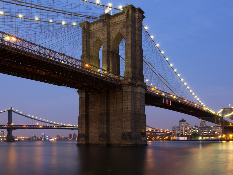 бруклин, вода, манхеттен, нью-йорк, бруклинский мост, мост, brooklyn bridge, new york, огни, manhattan