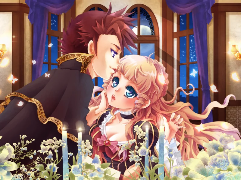 свечи, цветы, парень, бабочки, umineko no naku koro ni, когда плачут чайки, девушка