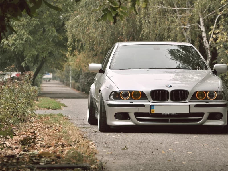 bmw, angel eyes, дорога, stance, nation, фары, ангельские глазки, серебряная, деревья