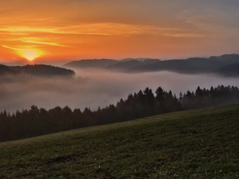 панорама, закат, туман, горы