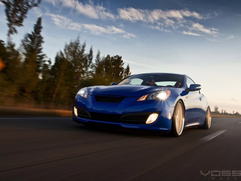 асфальт, синий, небо, vossen wheels, genesis, хёндай, blue, деревья, hyundai