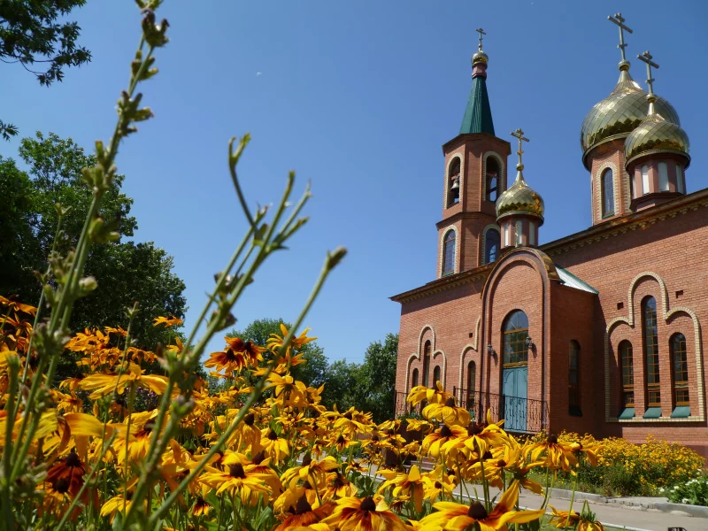 цветы, церковь, желтый, крест
