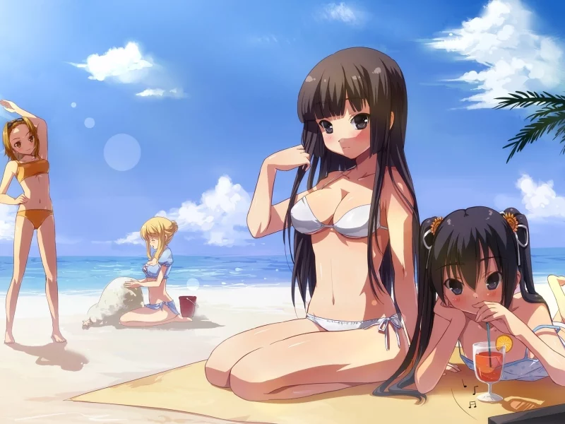 купальник, море, кейон, небо, девчонки, k-on, облака, пляж